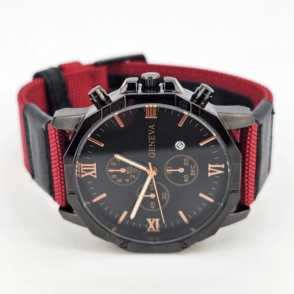 Men's Watch 42MM Black Dial Date Black Red Canvas Band‎ Straps New Battery